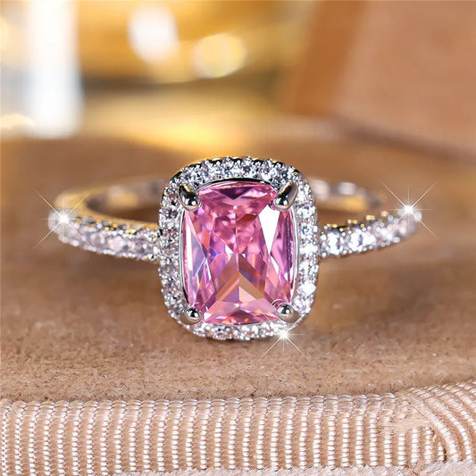 Anillo de lujo con circonita cuadrada rosa y cristal grande para mujer, color plata, joyería de boda para mujer