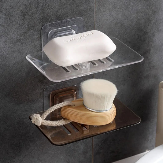 Jabonera de pared de doble capa, sin perforaciones, para baño, autoadhesiva, para esponja y jabón