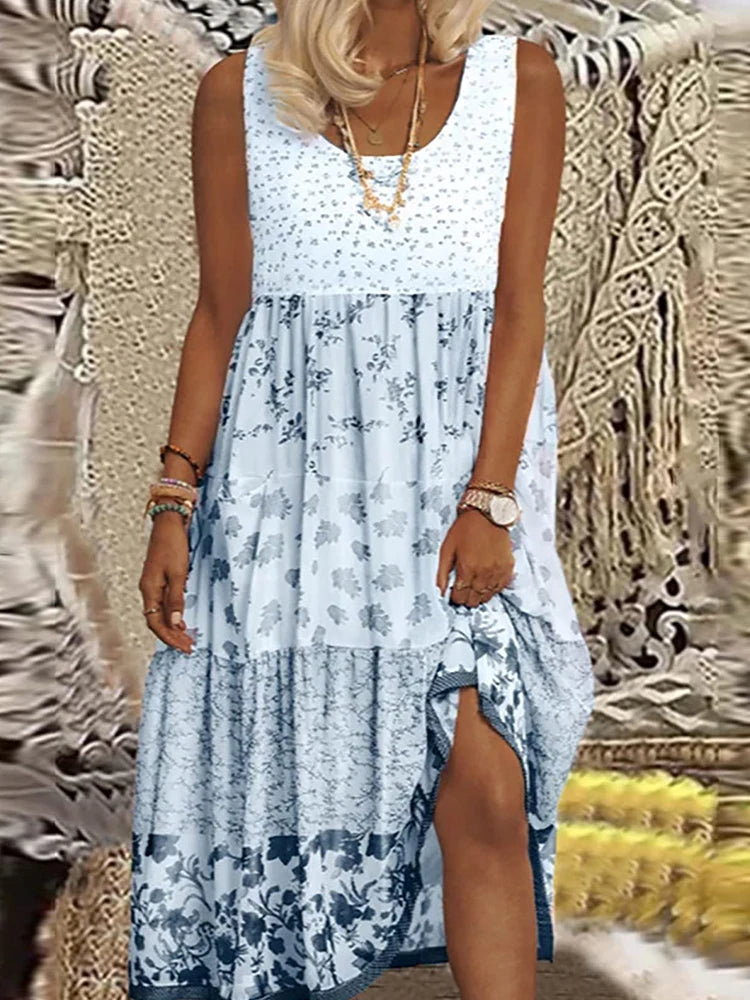 Plus size casual feminino midi vestido 2025 verão novo floral impresso sem mangas pescoço plano a linha boêmio vestidos de praia