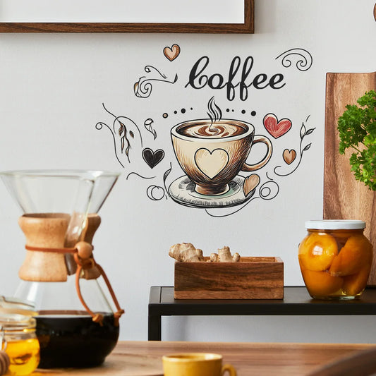 Creative Love Coffee Cup Wall Stickers for Cafe Background Decoration, Wallpaper, Kitchen Beautification, Home Decor, Self-Adhesive Decals
