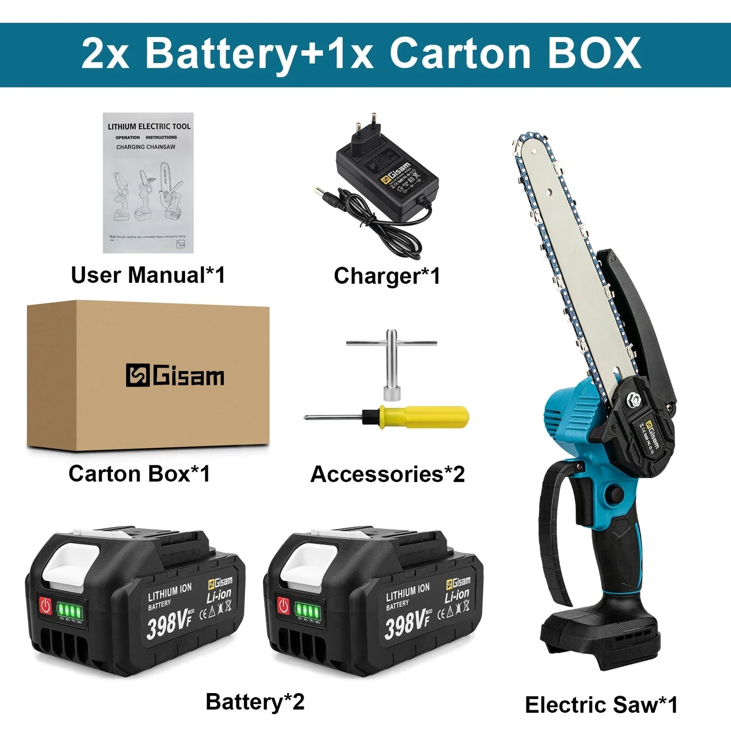 Gisam 8 Inch Brushless Electric Saw Cordless Chain Saw Handheld Garden Wood Logging Chainsaw Power Tools for Makita 18V Battery