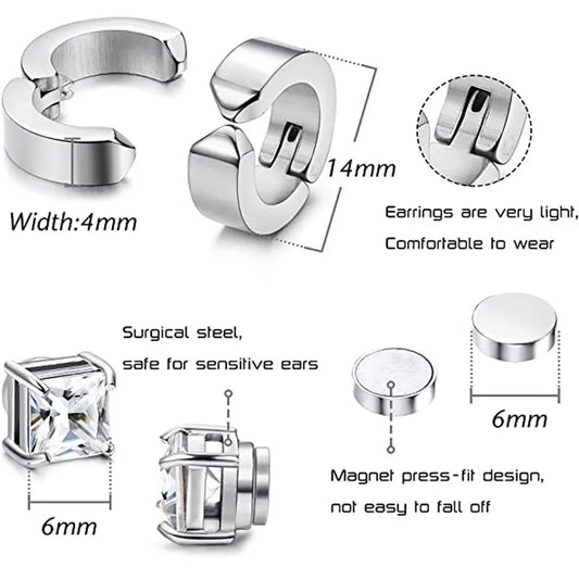 1 par/6 pares de brincos magnéticos de aço inoxidável para homens e mulheres, brincos de argola com clipe em aço sem piercing CZ para todas as idades