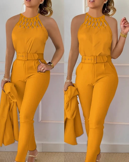 2024 Summer Women Hollow Out Round Neck Sleeveless Tank Tops Pocket Casual Fashion Outfit 2 Pieces Daily Trouser Set