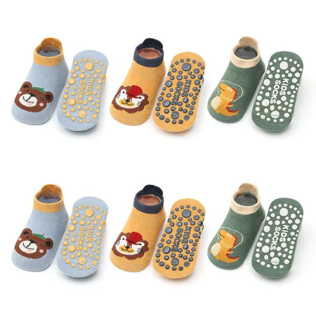 6 pares de calcetines de algodón para niños con bonitos dibujos de animales, cómodos, transpirables y antideslizantes.