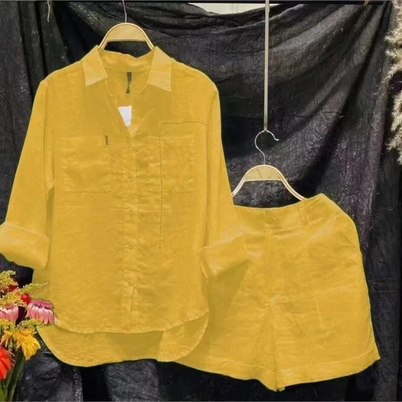 Conjunto informal de dos piezas de lino y algodón para mujer, moda de verano 2024, camisa de manga larga blanca y pantalones cortos, chándal de dos piezas