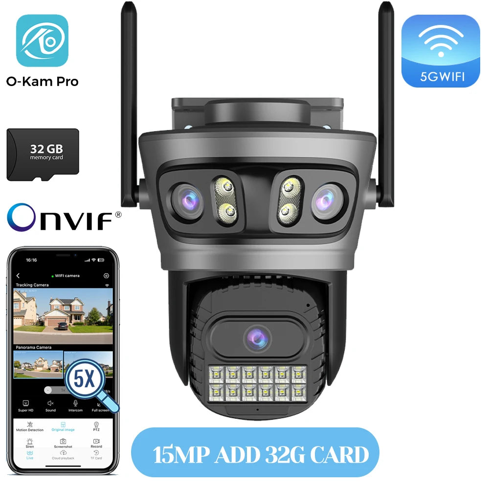 20MP Outdoors Wifi Camera 10K HD Three Lens Security 5G PTZ IP Camera 10X Digital Zoom Lens Human AI Auto Detect Tracking Camera