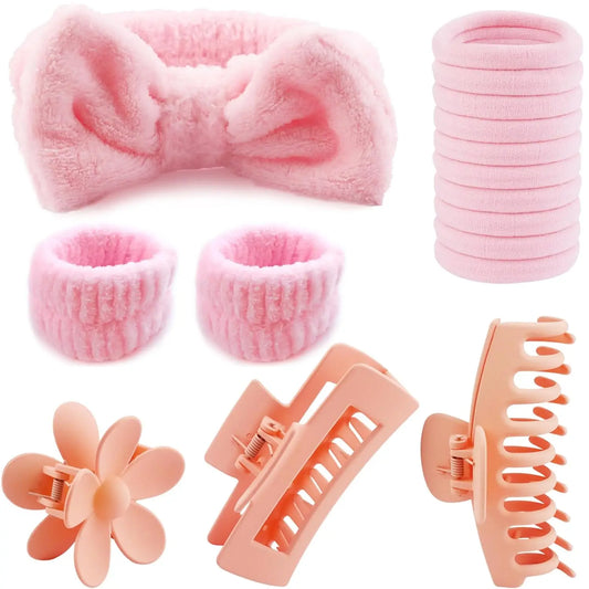 Juego de 16 pinzas para el pelo, diademas, muñequeras y coleteros para el rostro, suaves, con lazo, pinzas para el pelo y gomas elásticas.