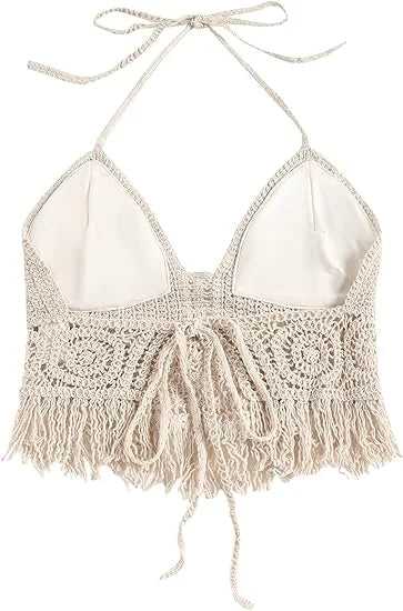 Chaleco corto bohemio para mujer, con flecos, espalda descubierta, cuello halter, lazo, ropa interior, ropa de abrigo con bordado colgante y borlas con tirantes