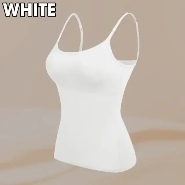Camisola sexy con sujetador acolchado sólido y tirantes finos para mujer, camiseta sin mangas con sujetador incorporado, 2024