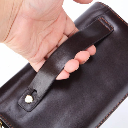 Men's Long Handbag Business Vintage Cow Leather Man Wallet Brand Long Wallet For Man Oil Wax Double Zipper Bag Male Purse