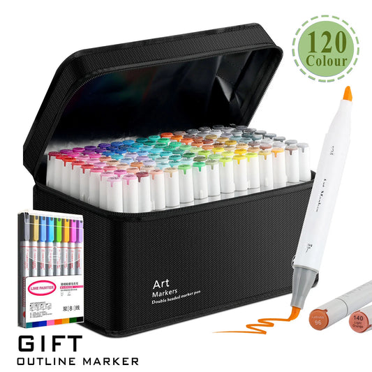 48/60/80/120 Colors Dual Tip Brush & Chisel Permanent Art Marker Pens with Base & Outline Markers Drawing Supplies Kit - Refillable