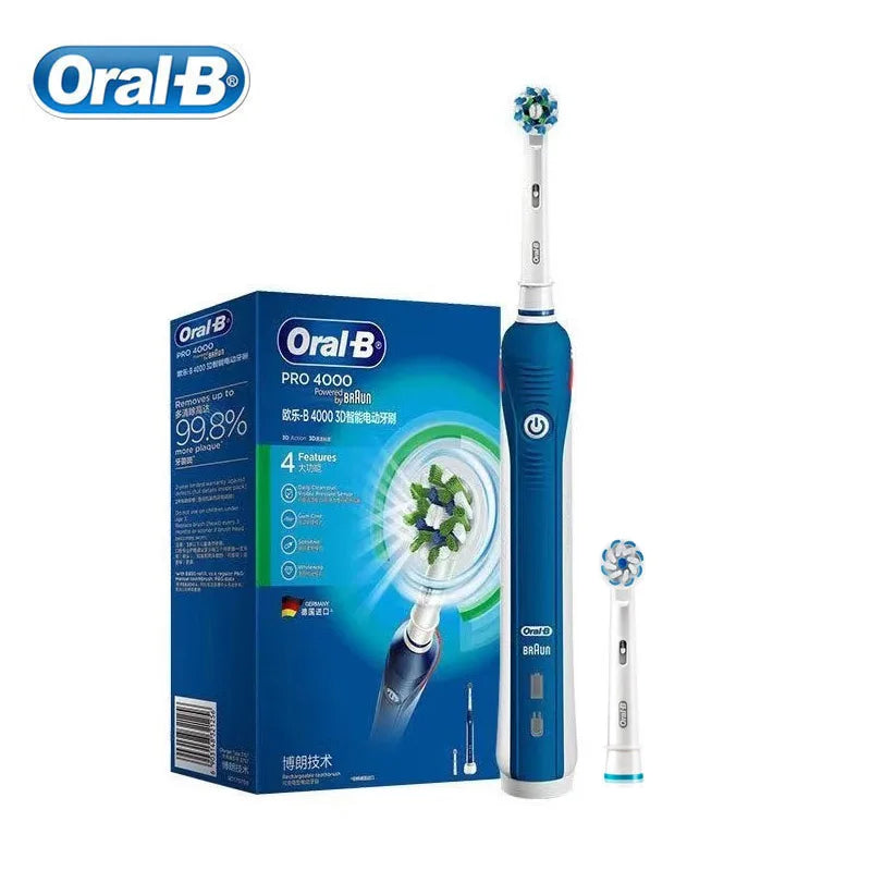 Oral B Pro4000 Electric Toothbrush 3D Action Clean 4 Modes Visible Pressure Sensor Whiter Teeth Rechargeable Adult's Toothbrush