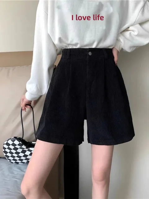 Pantalones cortos de pana de cintura alta para mujer, informales, de pierna ancha, básicos y versátiles, para otoño e invierno.