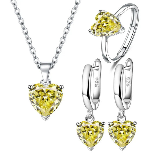 925 Sterling Silver Jewelry Sets para Mulheres, Coração Zircon Anel, Brincos, Colar, Casamento Nupcial, Elegante, Natal, Frete Grátis