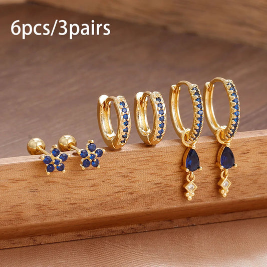 6PCS Cubic Zirconia Stainless Steel 14K Gold Plated Water Drop Earrings Five-Petaled Flowers ear stud For Women Set Jewelry Gift