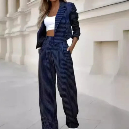 Trajes casuales de rayas Mandylandy para mujer, trajes de verano de estilo corto con solapa, pantalones, blazer a rayas, abrigos, pantalones de pierna recta.