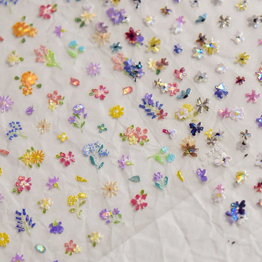Colorful Sparkling Glass Fragment Spring Wildflowers High Quality Adhesive Flash Nail Stickers Art Decorations Design T-3784