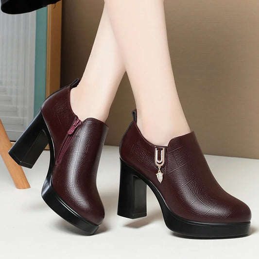 Comfortable Deep Mouth Soft Leather Anti-slip Shoes Platform Spring 2024 Women's Block Black High Heels Office Mother Shoes