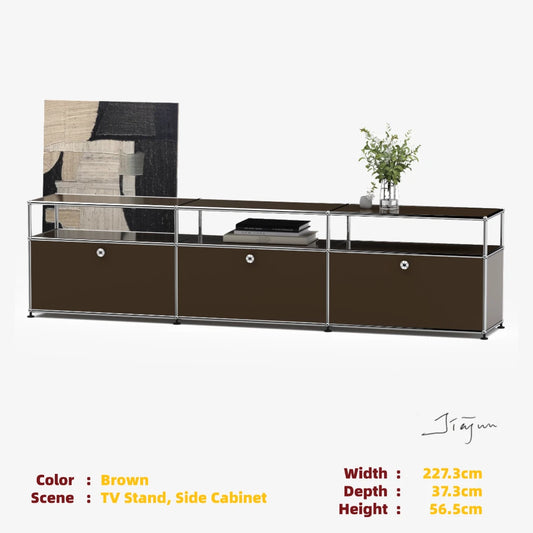 Modern Modular Low TV Cabinet|3-Tier Sideboard with Drop Doors|Steel Frame Storage Bench Unit | Minimalist Low Media Console