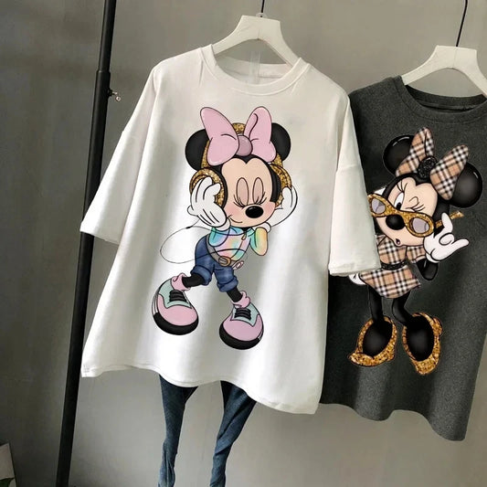 Disney Kawaii Women T-shirts Fashion New 90s Vintage Cartoon Mickey Minnie Top Y2K Female Ulzzang Oversized Cotton T-shirt