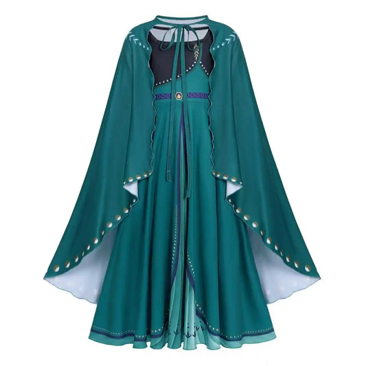 Girls Party Elegant Dresses Anna Princess Girl Cosplay Costume Dark Green Dress With Cloak Carnival Party Kids Birthday Clothes