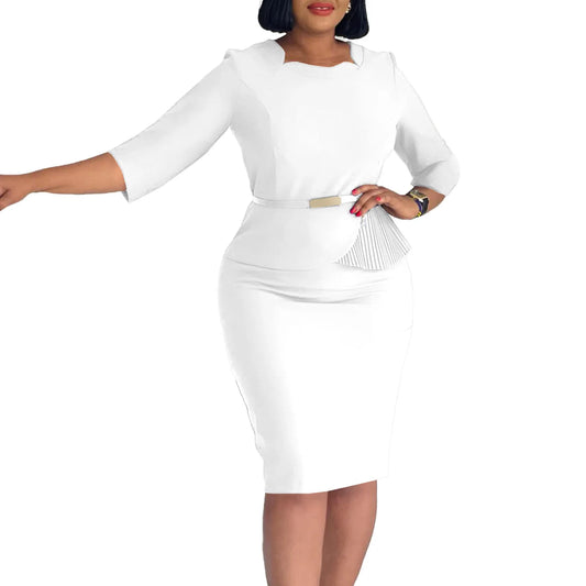 Vestido midi elegante de talla grande L-3XL para primavera y verano 2025, vestido informal de oficina para mujer, vestido ajustado con mangas 3/4, vestido extragrande.