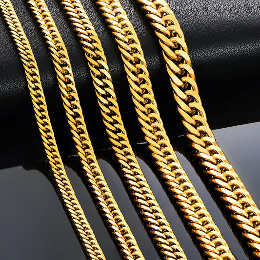 Cadena de eslabones cubanos de acero inoxidable dorado de 4,8 mm, 5,8 mm, 6,6 mm, 7,5 mm y 9,2 mm, estilo clásico para hombre y niño, de 35 a 76 cm.