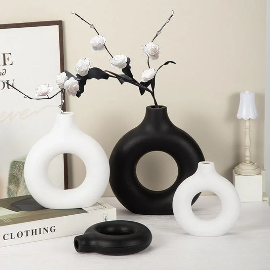 Jarrón de plástico sencillo con forma de dona, maceta individual para decoración del hogar, sala de estar, adornos de mesa, jarrón con arreglo floral circular.