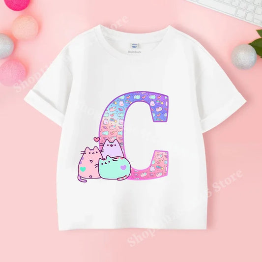 Pusheens Short Sleeve T-shirt for Girls from A to Z, Anime Cat, Summer Clothes, Outdoor Sport, New, Gift for Kids, Special Sale