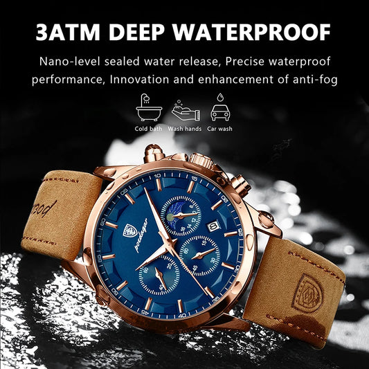 POEDAGAR Reloj de Cuero Genuino para Hombre, Reloj de Pulsera Luminoso con Calendario y Cronómetro, Reloj Masculino Resistente al Agua con Fase Lunar de Cuarzo para Hombre