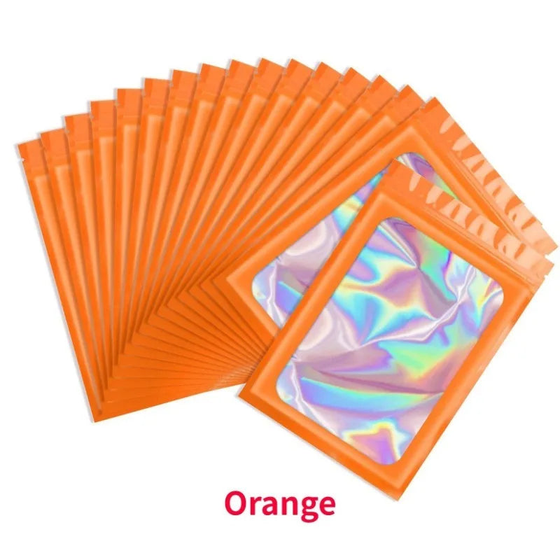 Bolsa de Embalagem Holográfica com Janela Clara para Alimentos, Translúcido, Cheiro à Prova, Mylar, Resealable, Odor Prova, 50Pcs