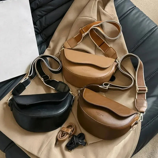 2025 Women Vintage Solid Color Flap PU Leather Wide Strap Crossbody Small Saddle Shoulder Underarm Bag Fashion Bag