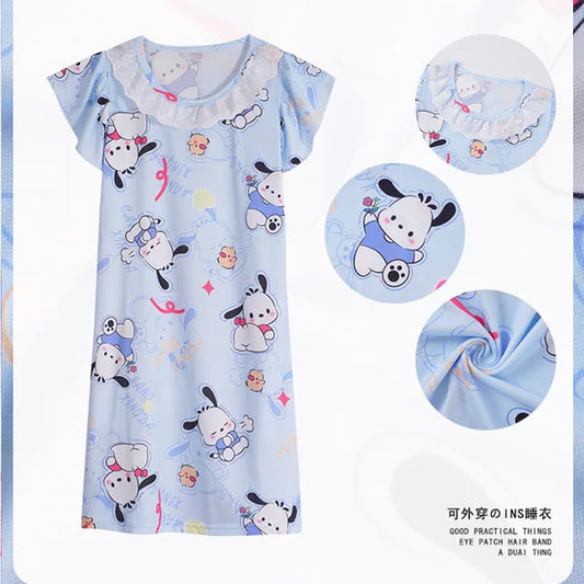 Vestido de pijama de manga curta infantil, roupas de camisola meninas, roupas de família infantil, desenhos animados, verão 2024