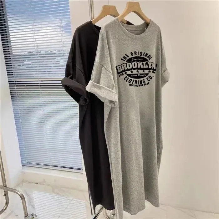 Plus Size Feminino Verão Estilo Coreano Solto-Fit Manga Curta Impressão T-Vestido Casual Vestido Longo Comprimento Médio Fenda Lateral Slimm...