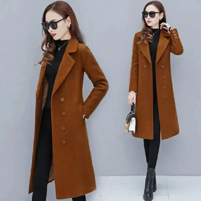 Female Woolen Coat Velvet 2023 Women's Double-Breasted Woolen Coat Spring and Autumn Woolen Coat Fashion Suit Collar ThickTrench