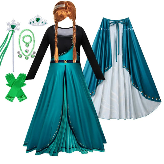 Girls Party Elegant Dresses Anna Princess Girl Cosplay Costume Dark Green Dress With Cloak Carnival Party Kids Birthday Clothes
