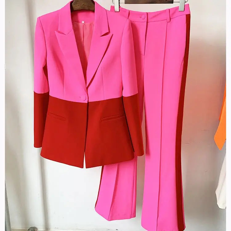 HIGH QUALITY Newest 2025 Star Style Fashion Designer Runway Suit Set Women's Single Button Color Block Blazer Flare Pants Suit