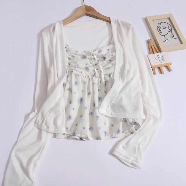 Conjunto com cami manga comprida feminino, cardigã feminino, roupas estilo coreano, harajuku casual, streetwear chique, tops elegantes, moda, 2 peças