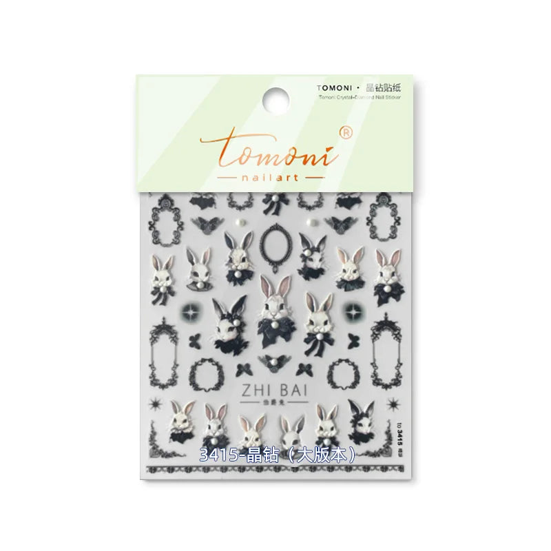 Japanese Punk Style Black Rabbit & Dark Butterfly Nail Stickers 5D Pearl Nail Art Decal Design Manicure Tool High Quality