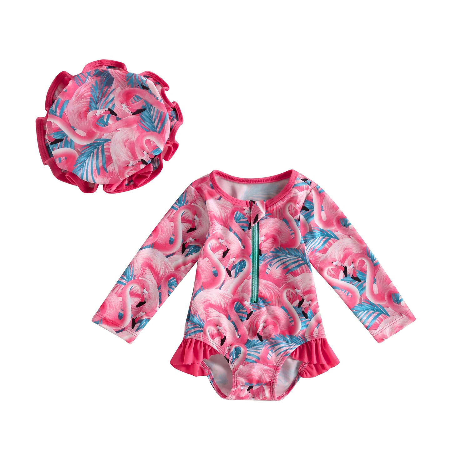 VISgogo Toddler Girl Rash Guard Swimsuit Set Summer Long Sleeve Strawberry Print Bathing Suit + Sun Hat Infant Newborn Swimwear