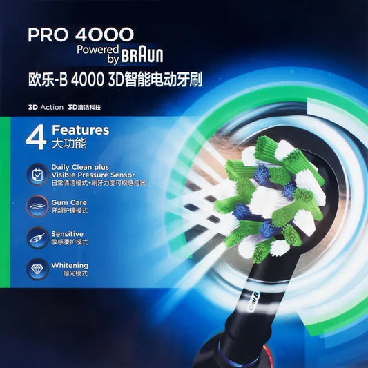 Oral B Pro4000 Electric Toothbrush 3D Action Clean 4 Modes Visible Pressure Sensor Whiter Teeth Rechargeable Adult's Toothbrush