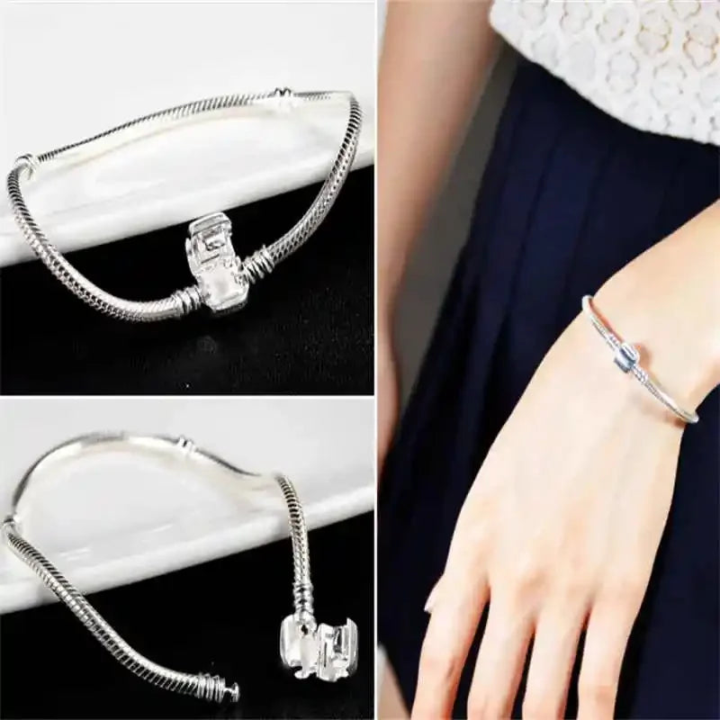 Pulsera de plata de ley 925 para mujer, marca famosa, original certificada, dijes DIY, cuentas, cadena de eslabones de serpiente, joyería clásica para la muñeca.