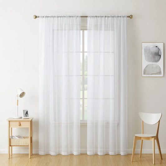 2PCS, Sheer White Curtains 2 Panels Set, Rod Pocket Voile Fimly Sheer Drapes for Living Room/Bedroom