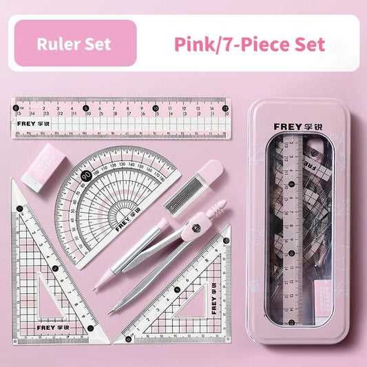 7-Piece Compass and Ruler Set Student Ruler Set Cute Triangle Ruler Set Exam-Specific Ruler Box Set School Start Ruler Set