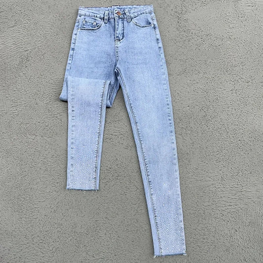 Pantalones vaqueros harén de cintura alta para mujer, vaqueros ajustados con diamantes de imitación, versión coreana, primavera y verano 2024