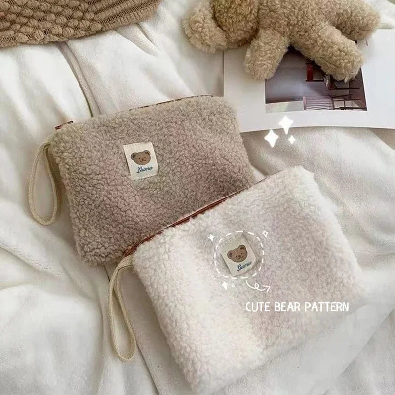 Bonita bolsa de almacenamiento de peluche para mujer, gran capacidad, para viajes, cosméticos, pintalabios, maquillaje, bolsos, organizador, cartera, estuche, monedero.