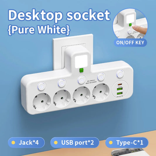 EU Plug Outlet 5 Sockets Electrical Socket No Extension Cord With or without USB Type-C Ports Two specifications