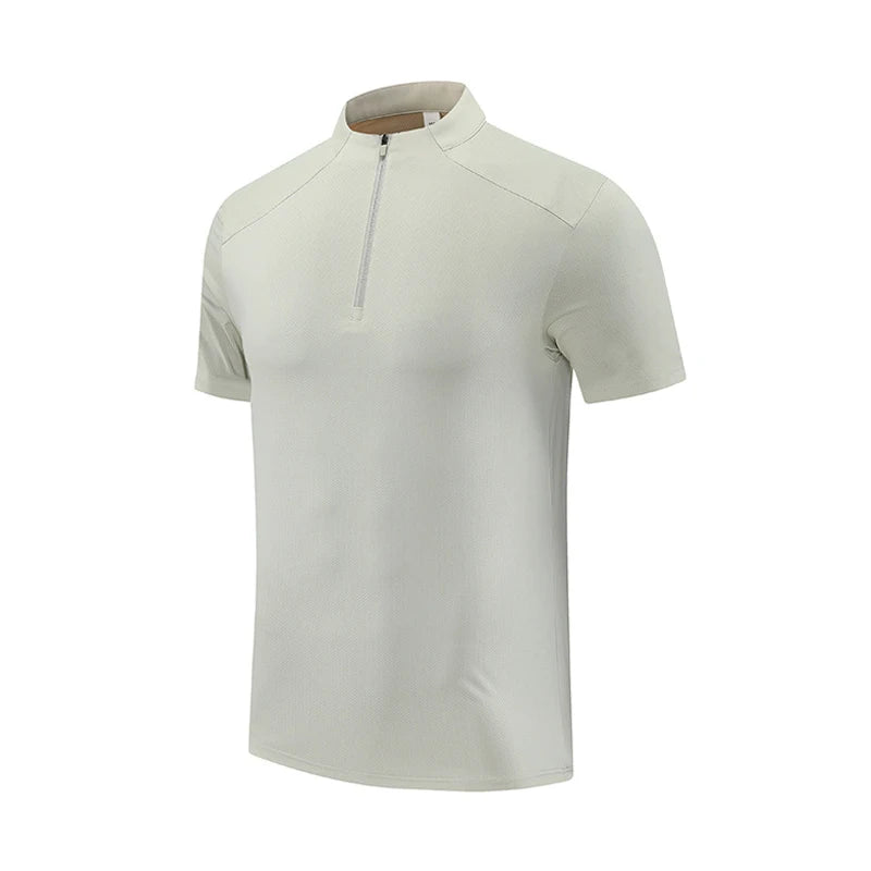 (M-4XL) camiseta de corrida de secagem rápida masculina gola meio zíper roupas de fitness masculina ajuste solto treinamento esportes mangas curtas