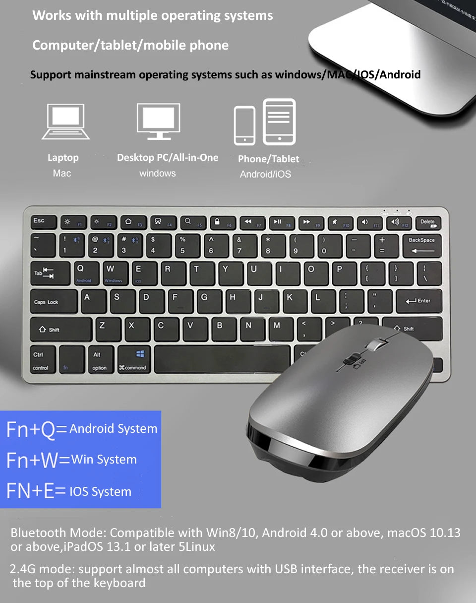 JOMAA 2.4G +Bluetooth Keyboard and Mouse Combo Multimedia Wireless Keyboard and Ergonomic Mouse Set for iPad Desktop PC Laptop