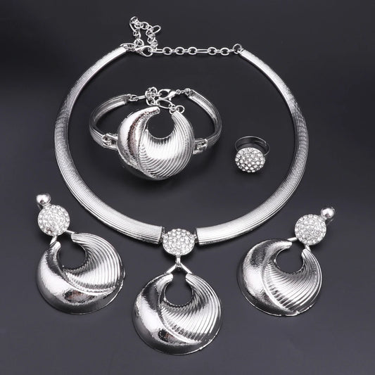 Dubai Jewelry Set For Women Silver Plated Luxury Necklace Earrings Bracelet And Ring Set Jewelry For Wedding Party Trending 